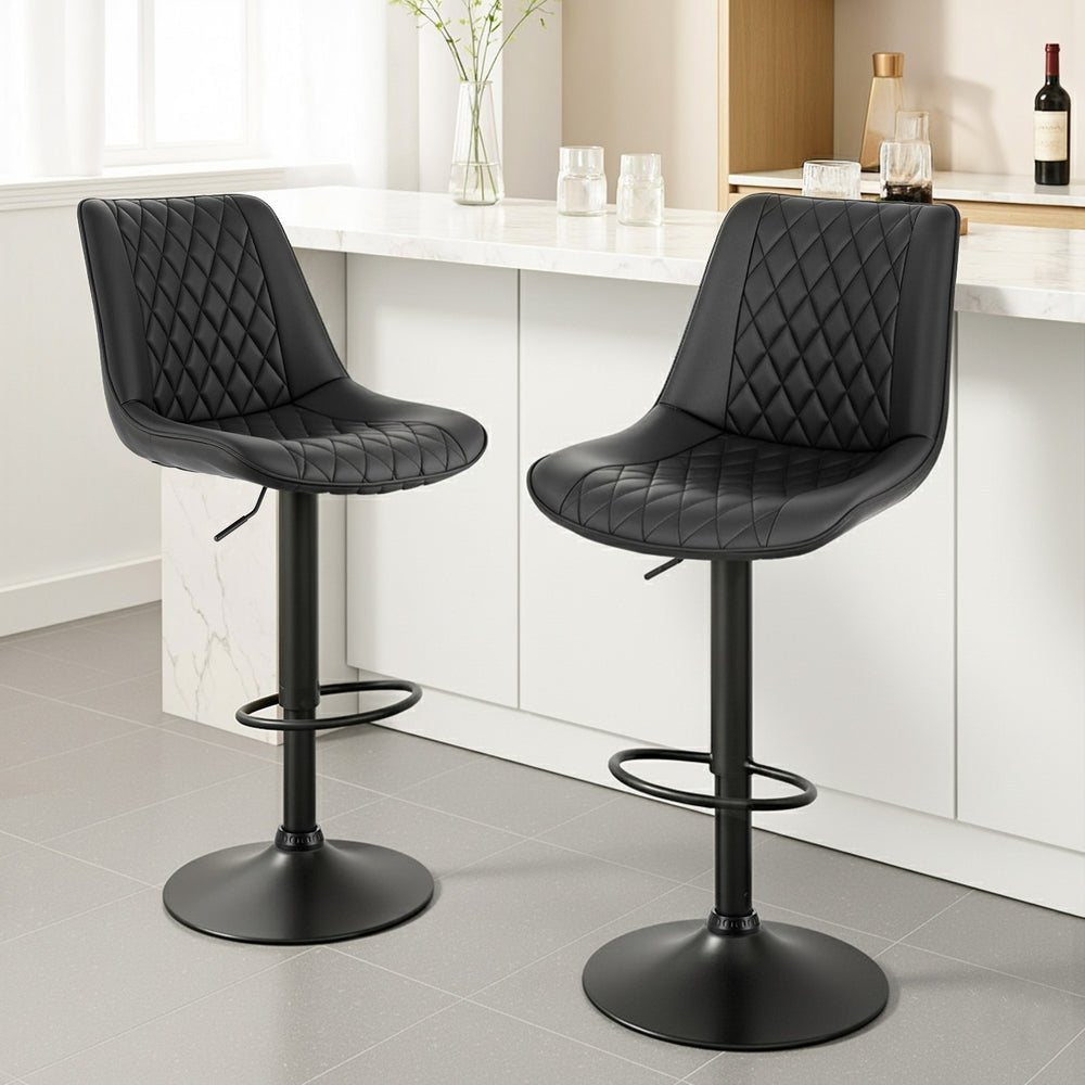 2x Perth PU Leather Bar Stools – Ergonomic Diamond-Style, Black - OZ Home Deals