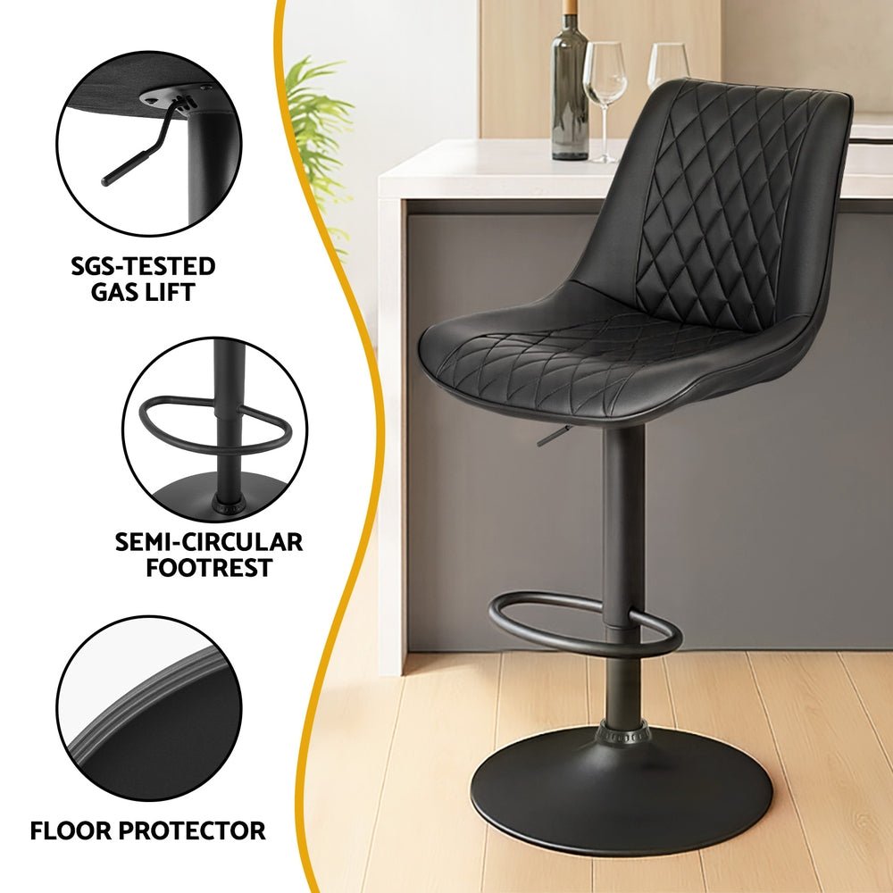 2x Perth PU Leather Bar Stools – Ergonomic Diamond-Style, Black - OZ Home Deals