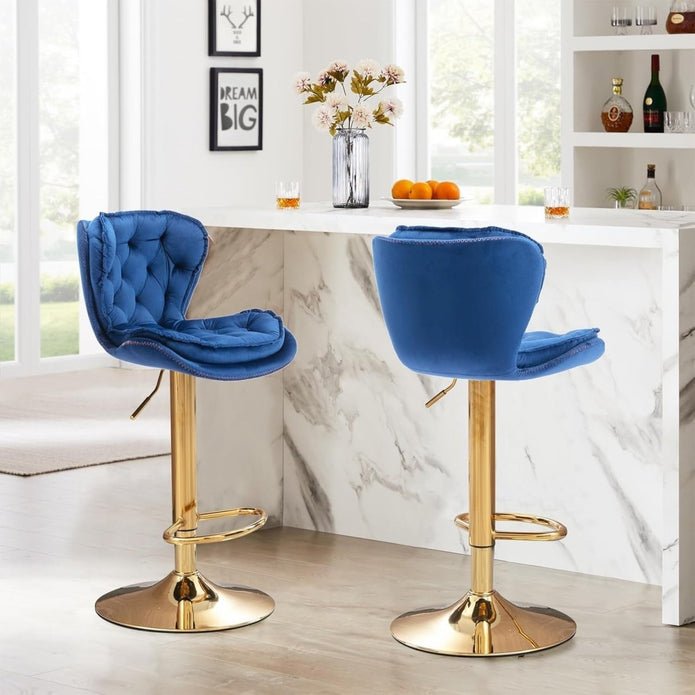 2x Sydney Velvet Bar Stools – Adjustable Height & 360° Swivel, Navy Blue/Gold - OZ Home Deals