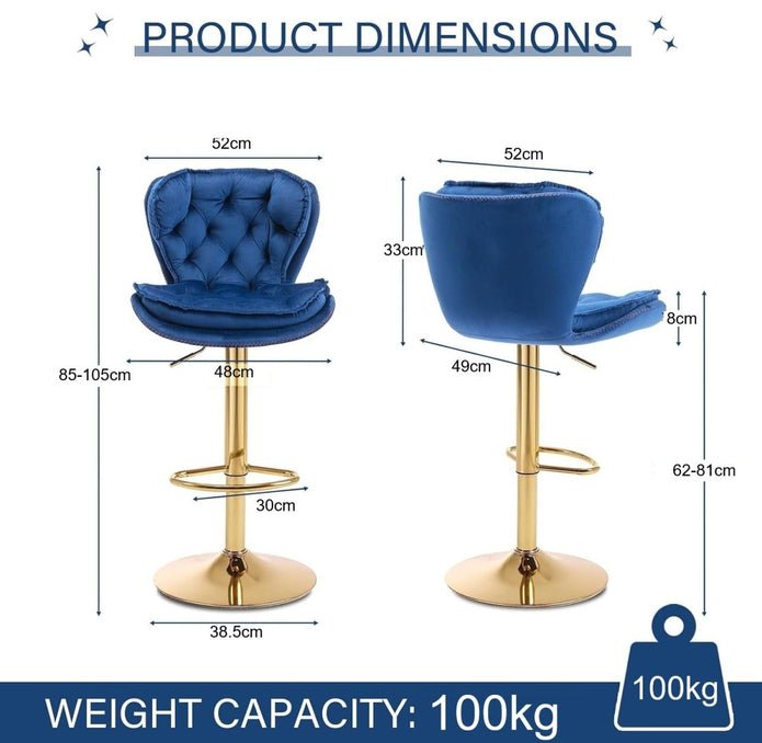 2x Sydney Velvet Bar Stools – Adjustable Height & 360° Swivel, Navy Blue/Gold - OZ Home Deals