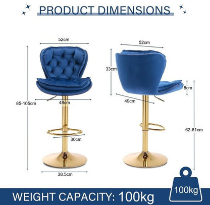 2x Sydney Velvet Bar Stools – Adjustable Height & 360° Swivel, Navy Blue/Gold - OZ Home Deals
