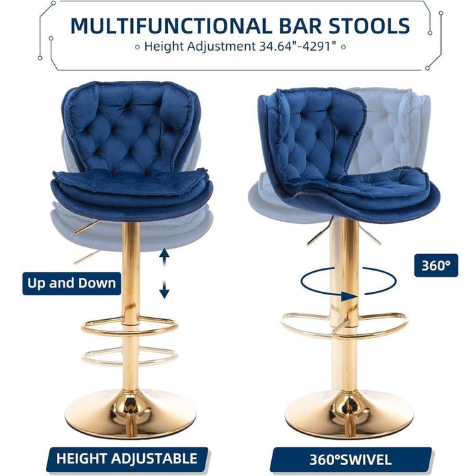 2x Sydney Velvet Bar Stools – Adjustable Height & 360° Swivel, Navy Blue/Gold - OZ Home Deals