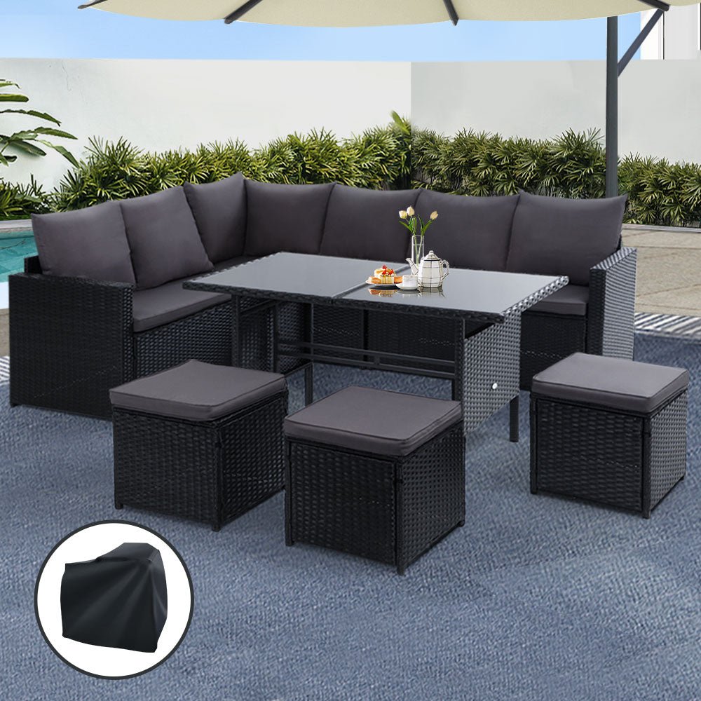 9-Seater Wicker Outdoor Sofa Dining Set - Black - OZ Home Deals
