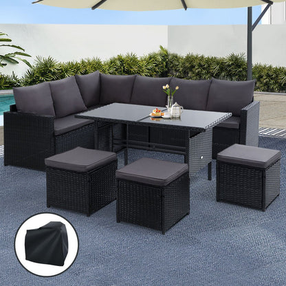 9-Seater Wicker Outdoor Sofa Dining Set - Black - OZ Home Deals