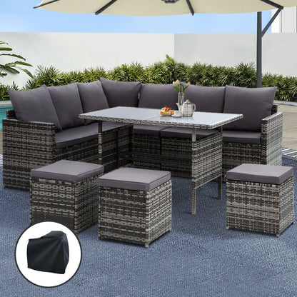 9-Seater Wicker Outdoor Sofa Dining Set - Grey - OZ Home Deals