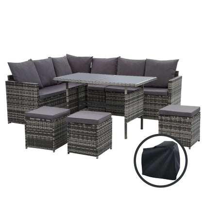 9-Seater Wicker Outdoor Sofa Dining Set - Grey - OZ Home Deals