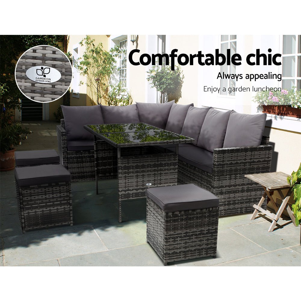 9-Seater Wicker Outdoor Sofa Dining Set - Grey - OZ Home Deals