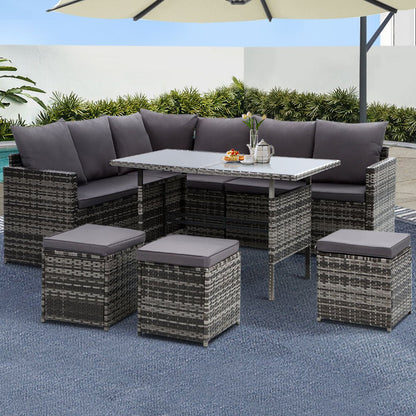 9-Seater Wicker Outdoor Sofa Dining Set - Grey - OZ Home Deals