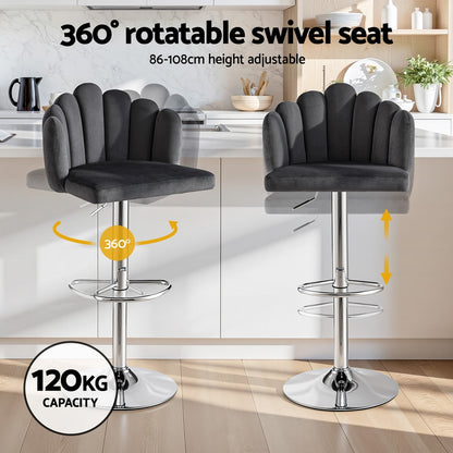 2x Hobart Adjustable Velvet Bar Stools – Grey/Silver