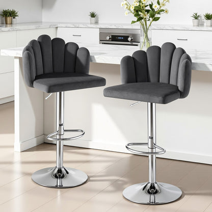 2x Hobart Adjustable Velvet Bar Stools – Grey/Silver