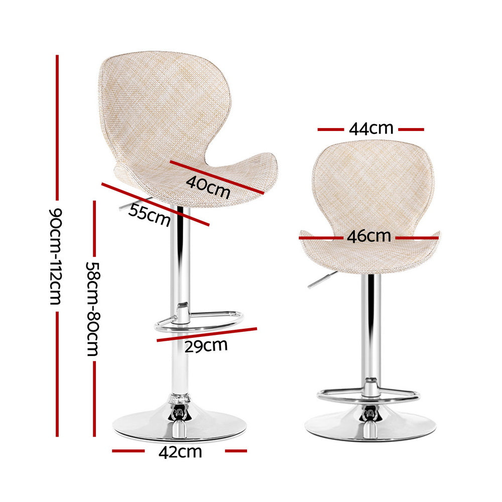 2x Byron Bay Rattan Bar Stools – Adjustable Height 90-112cm, Beige/Silver