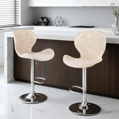 2x Byron Bay Rattan Bar Stools – Adjustable Height 90-112cm, Beige/Silver