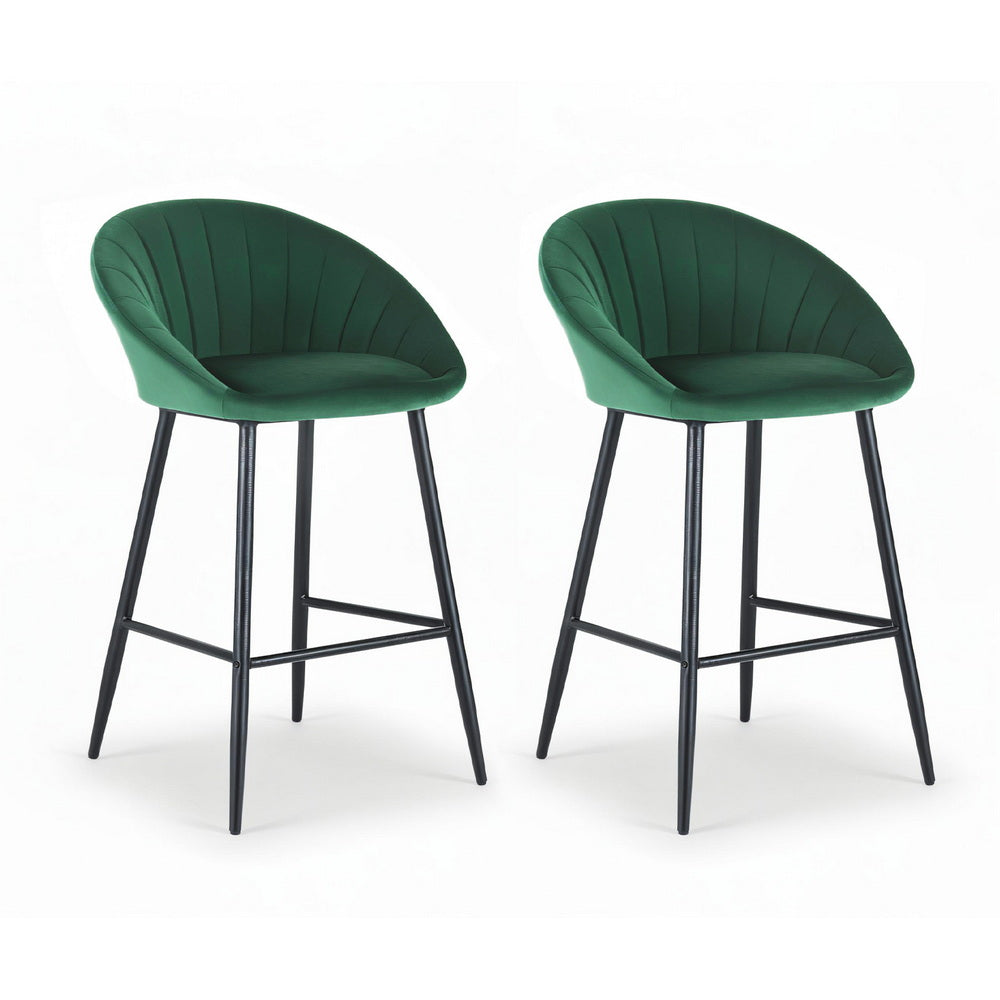 2x Brisbane Velvet Bar Stools – Ergonomic Tub-Style, Green/Black