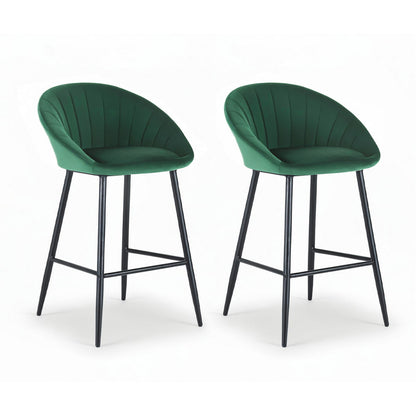 2x Brisbane Velvet Bar Stools – Ergonomic Tub-Style, Green/Black