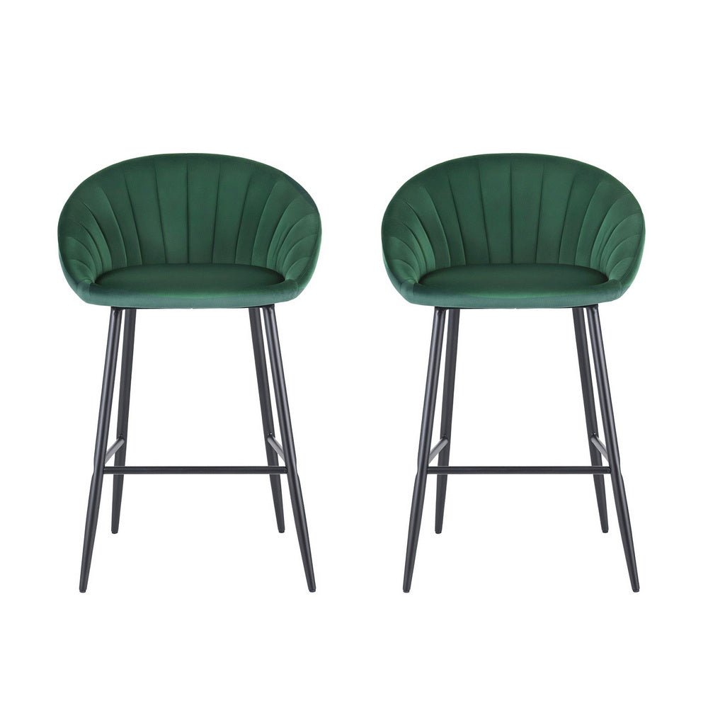 2x Brisbane Velvet Bar Stools – Ergonomic Tub-Style, Green/Black