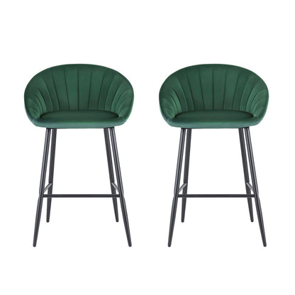2x Brisbane Velvet Bar Stools – Ergonomic Tub-Style, Green/Black