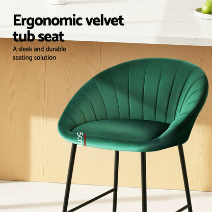 2x Brisbane Velvet Bar Stools – Ergonomic Tub-Style, Green/Black
