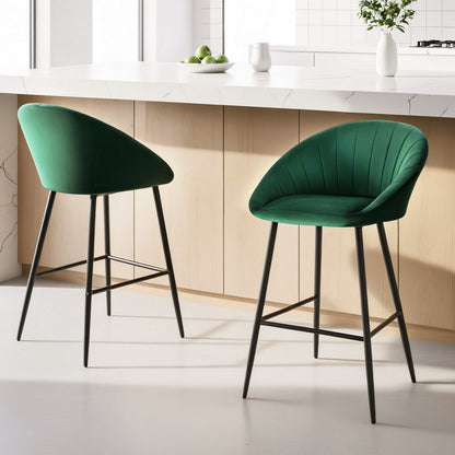 2x Brisbane Velvet Bar Stools – Ergonomic Tub-Style, Green/Black