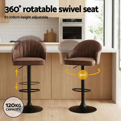 2x Brisbane PU Leather Bar Stools – Ergonomic Shell Design, Brown/Black