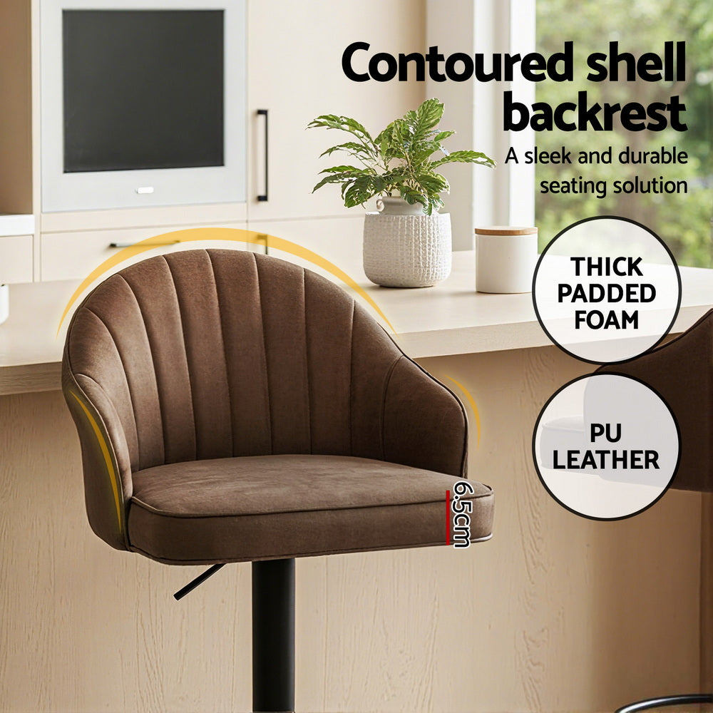 2x Brisbane PU Leather Bar Stools – Ergonomic Shell Design, Brown/Black