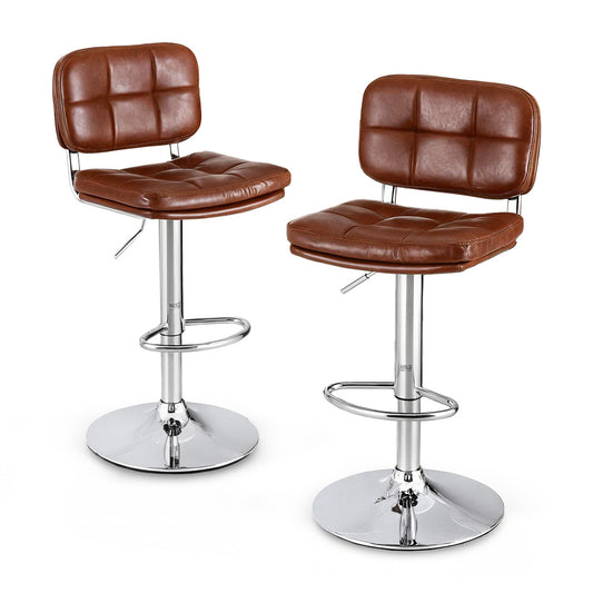 2x Darwin Adjustable Bar Stools – Square Tufted PU Leather, Brown/Silver