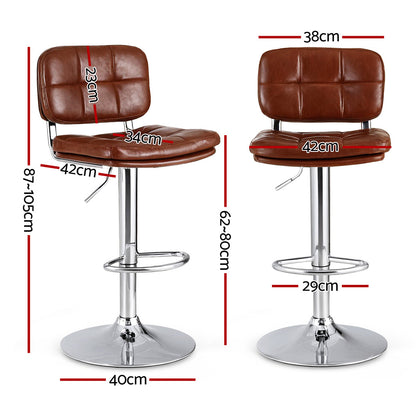 2x Darwin Adjustable Bar Stools – Square Tufted PU Leather, Brown/Silver
