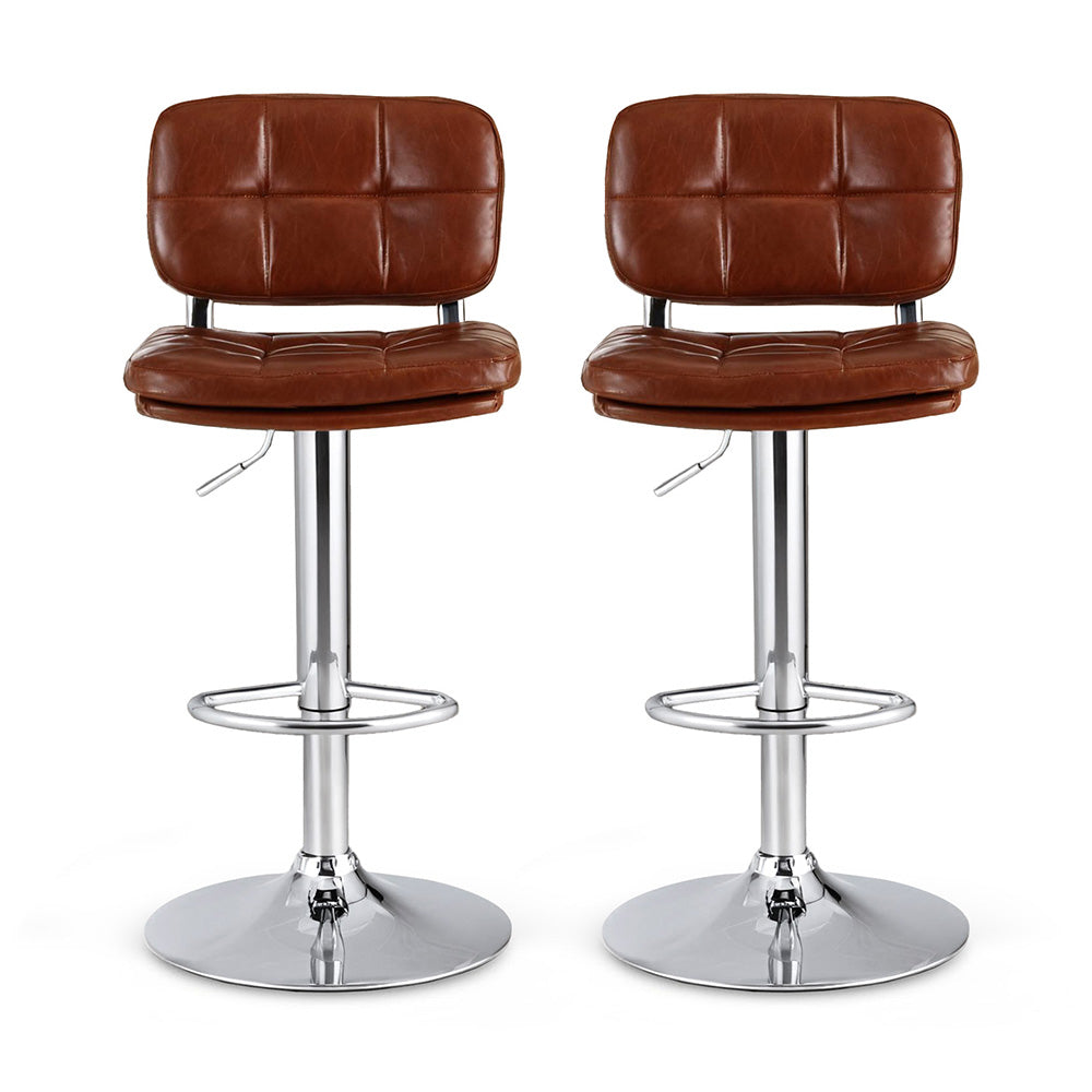 2x Darwin Adjustable Bar Stools – Square Tufted PU Leather, Brown/Silver