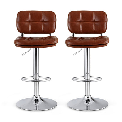 2x Darwin Adjustable Bar Stools – Square Tufted PU Leather, Brown/Silver
