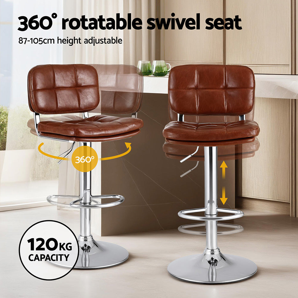 2x Darwin Adjustable Bar Stools – Square Tufted PU Leather, Brown/Silver