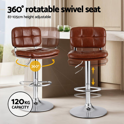 2x Darwin Adjustable Bar Stools – Square Tufted PU Leather, Brown/Silver