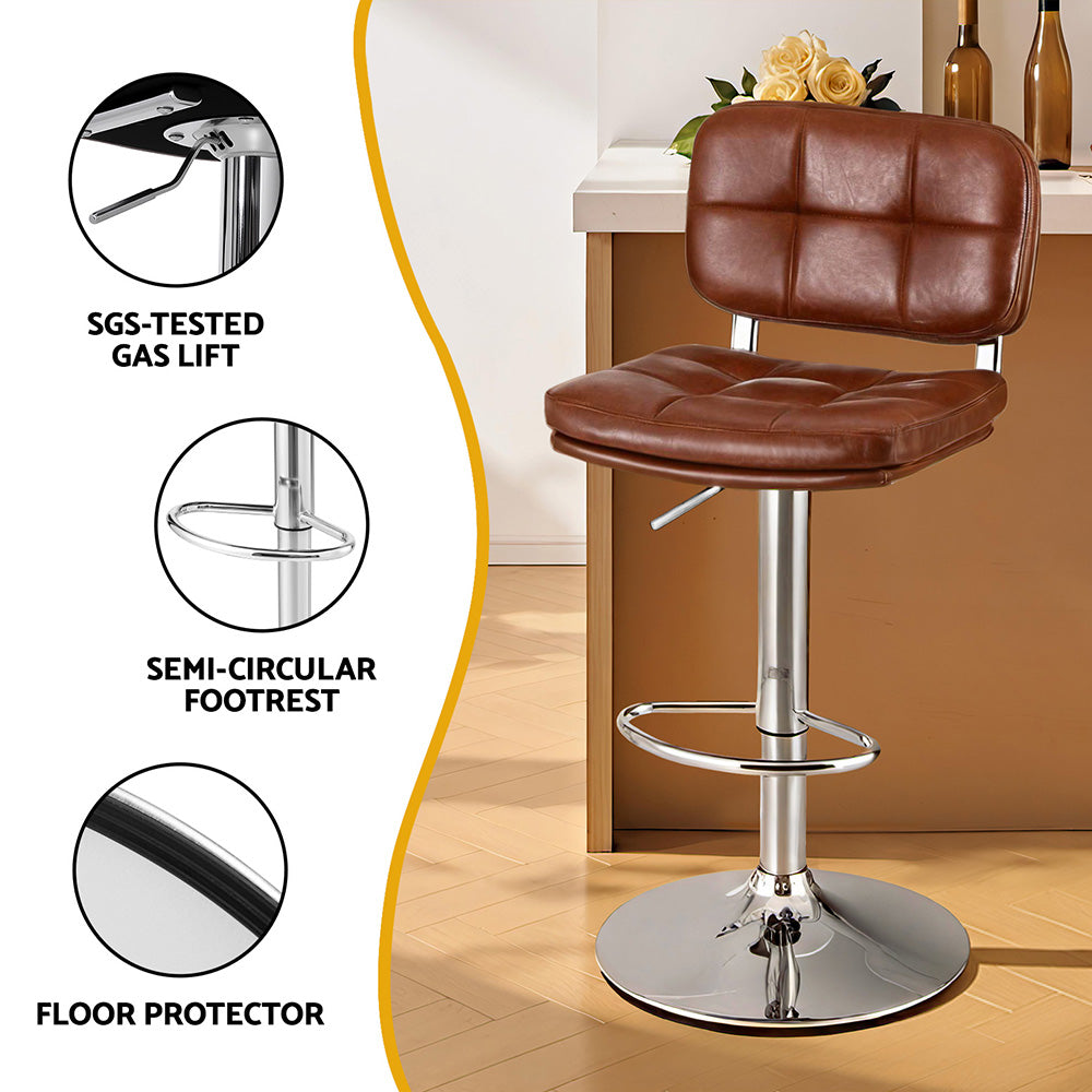 2x Darwin Adjustable Bar Stools – Square Tufted PU Leather, Brown/Silver