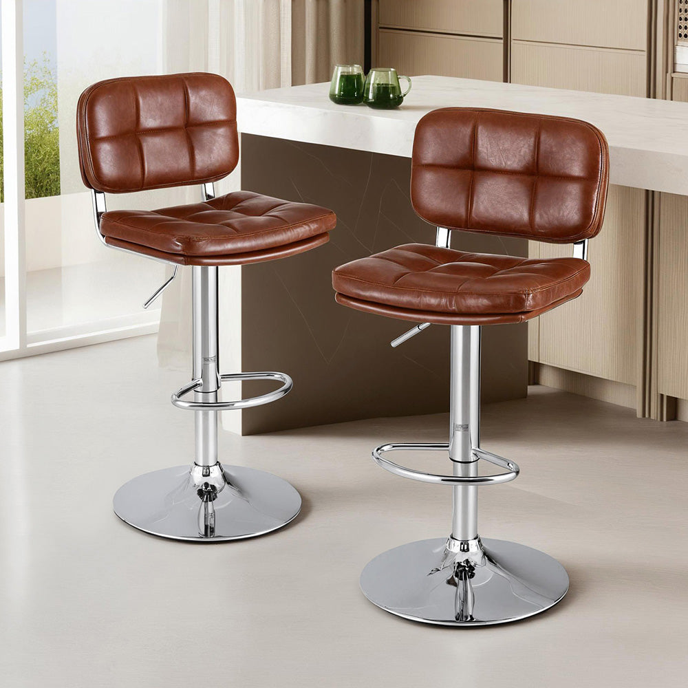 2x Darwin Adjustable Bar Stools – Square Tufted PU Leather, Brown/Silver