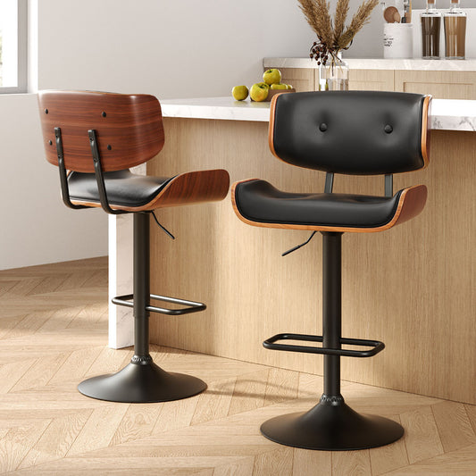 Kangaroo Adjustable Bar Stools – Black PU Leather & Wooden Seat, 64-85cm