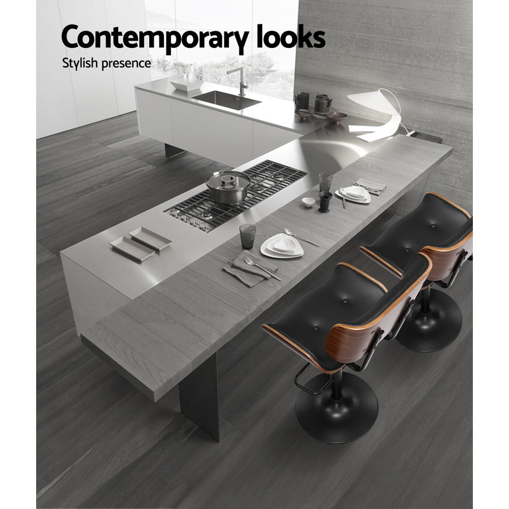 Kangaroo Adjustable Bar Stools – Black PU Leather & Wooden Seat, 64-85cm