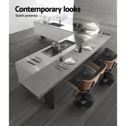 Kangaroo Adjustable Bar Stools – Black PU Leather & Wooden Seat, 64-85cm