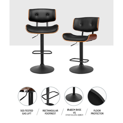 Kangaroo Adjustable Bar Stools – Black PU Leather & Wooden Seat, 64-85cm