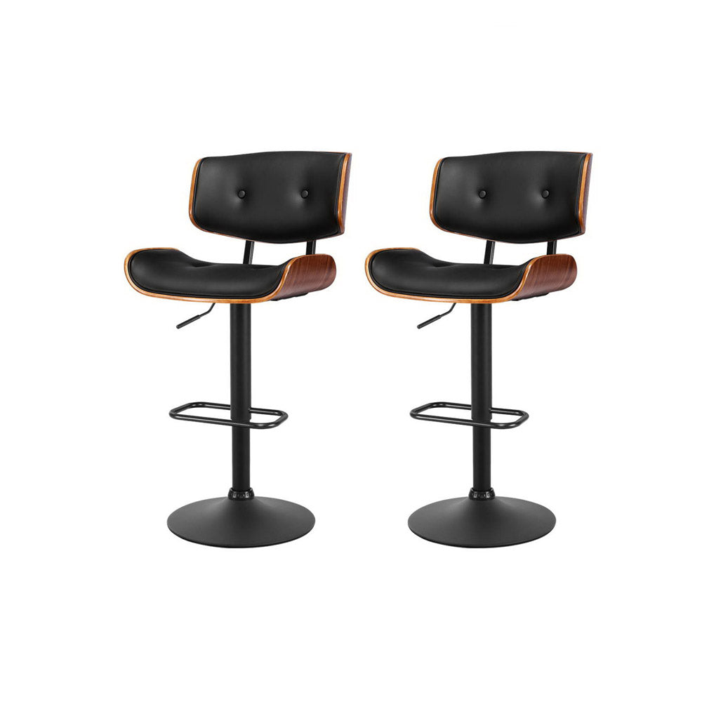 Kangaroo Adjustable Bar Stools – Black PU Leather & Wooden Seat, 64-85cm