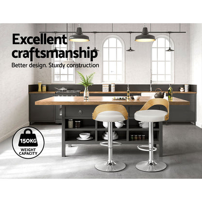 Uluru Adjustable PU Leather Bar Stools – White Bentwood, 2 Pack