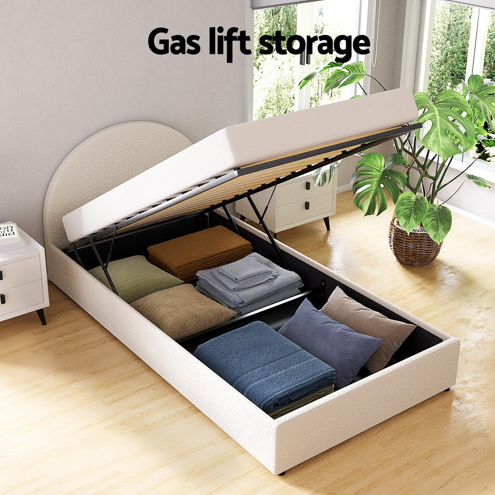 Uluru King Single Gas-Lift Storage Bed Frame – Boucle Fabric