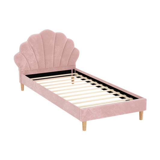 Blossom King Single Bed Frame – Pink Velvet Fabric, Scallop-Headboard