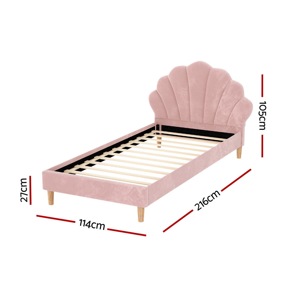 Blossom King Single Bed Frame – Pink Velvet Fabric, Scallop-Headboard