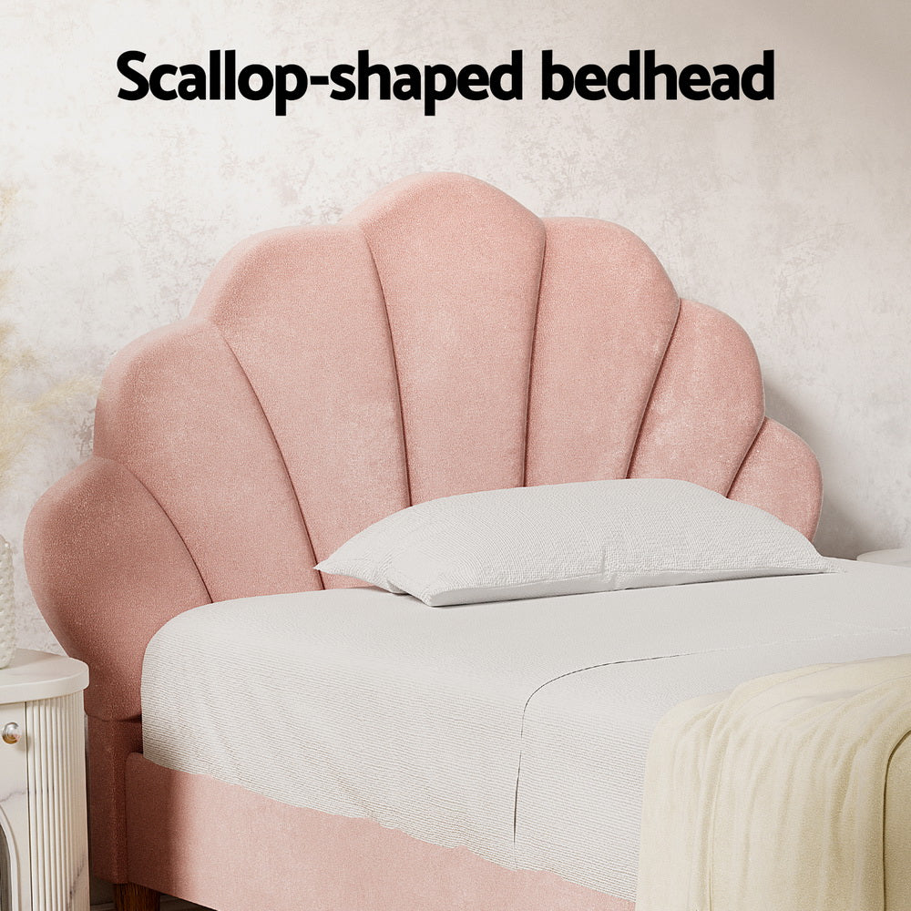 Blossom King Single Bed Frame – Pink Velvet Fabric, Scallop-Headboard