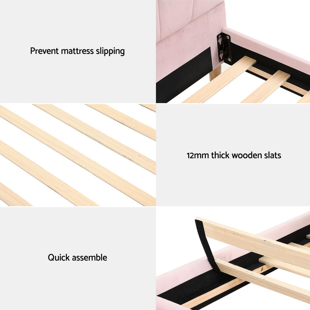 Blossom King Single Bed Frame – Pink Velvet Fabric, Scallop-Headboard