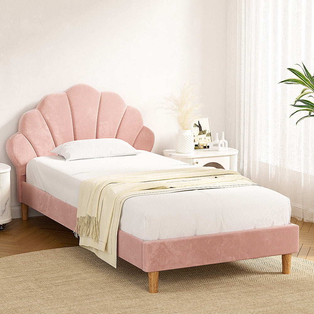 Blossom King Single Bed Frame – Pink Velvet Fabric, Scallop-Headboard