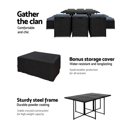 10-Seater Outdoor Dining Set - Black