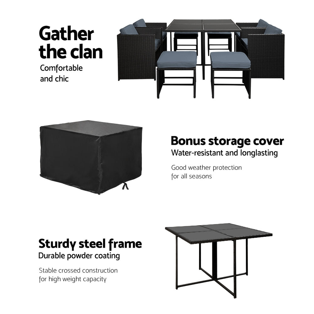 8-Seater Outdoor Wicker Dining Set – Black