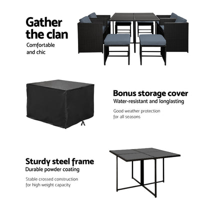 8-Seater Outdoor Wicker Dining Set – Black