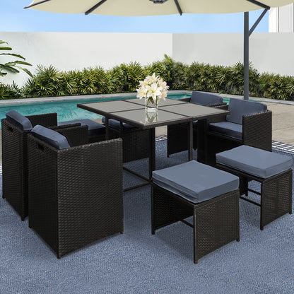 8-Seater Outdoor Wicker Dining Set – Black