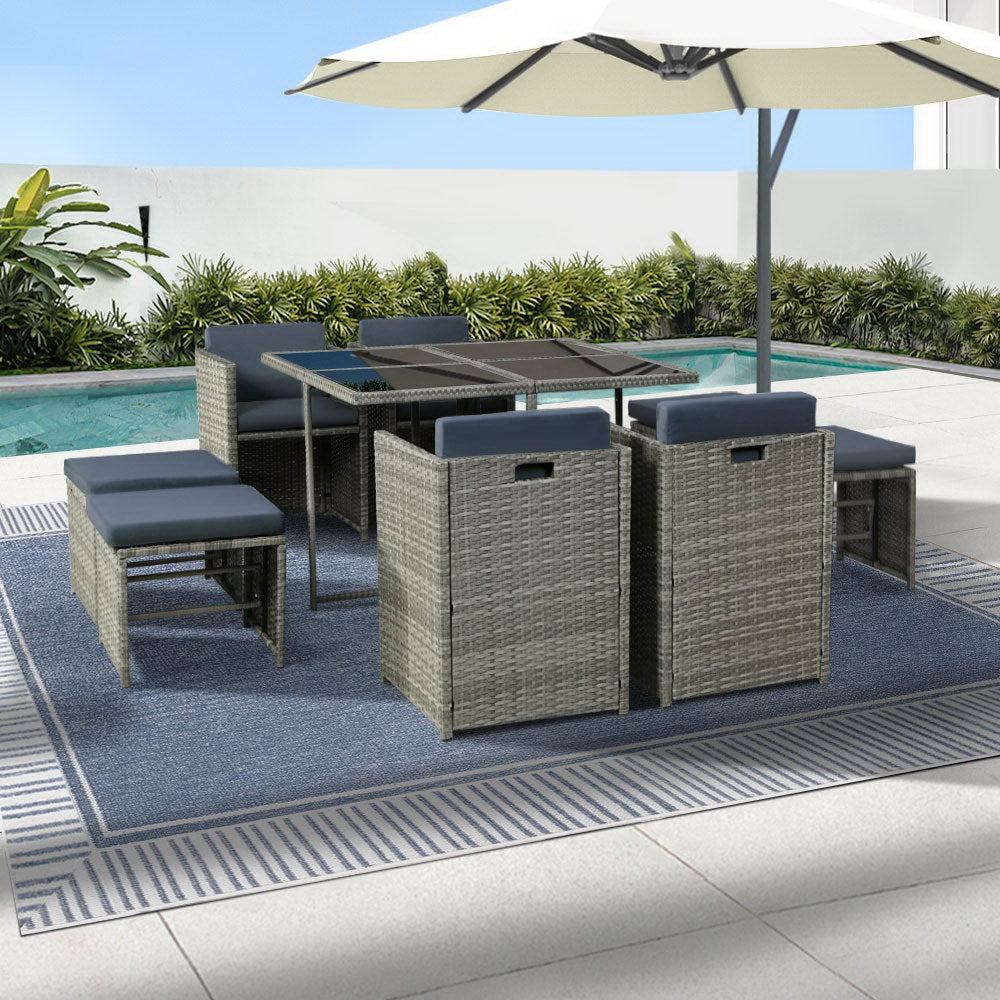 9-Piece Outdoor Wicker Dining Set - Grey