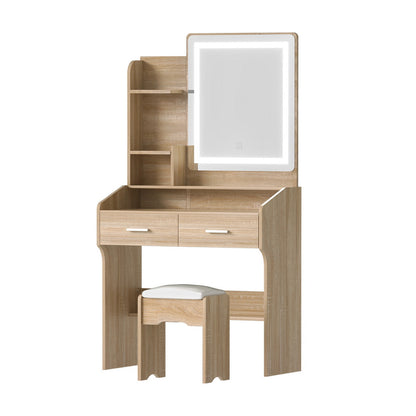 OZ LED Dressing Table Set with Mirror & Stool – Wood Finish